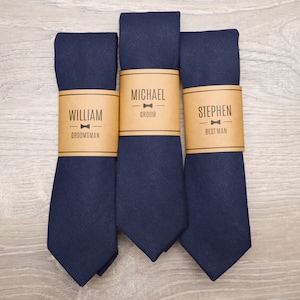 Navy Groomsmen Ties with Personalized Label | Navy Blue Skinny 2.25&quot; Wedding Tie for Groom & Groomsmen, Cotton/Linen Groomsmen Gift Ties