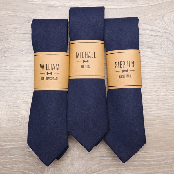 Navy Groomsmen Ties with Personalized Label | Navy Blue Skinny 2.25" Wedding Tie for Groom & Groomsmen, Cotton/Linen Groomsmen Gift Ties