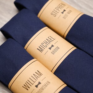 Solid Navy Groomsmen Ties with Personalized Label for Weddings