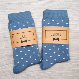 Personalized Ring Bearer Socks: Dusty Blue Polka Dot Wedding Socks
