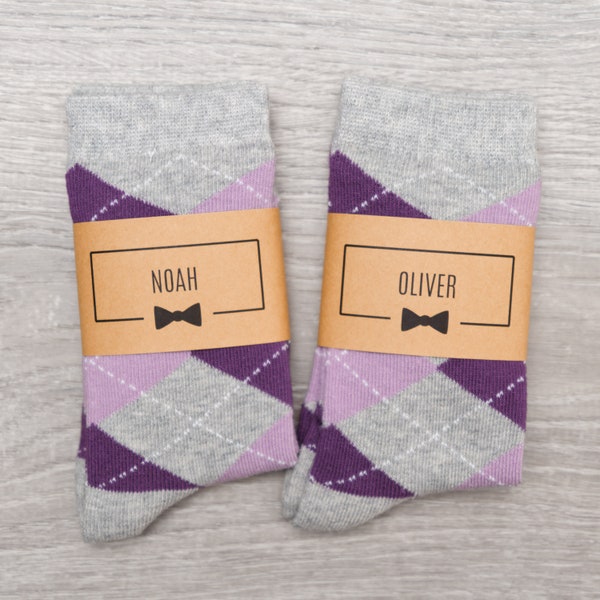 Kids Wedding Socks | Purple & Grey Argyle Socks Personalized for Ring Bearer Gift | Toddler Socks, Boys Socks, Matching Ring Bearer Socks