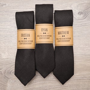Black Groomsmen Ties with Personalized Label | Black Skinny 2.25&quot; Wedding Tie for Groom & Groomsmen, Cotton/Linen Blend Groomsmen Gift Ties
