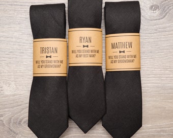 Black Groomsmen Ties with Personalized Label | Black Skinny 2.25" Wedding Tie for Groom & Groomsmen, Cotton/Linen Blend Groomsmen Gift Ties