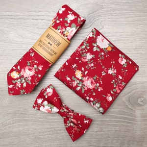 Burgundy Floral Cotton Tie, Bowtie & Pocket Square Set: Personalized Groomsmen Gift