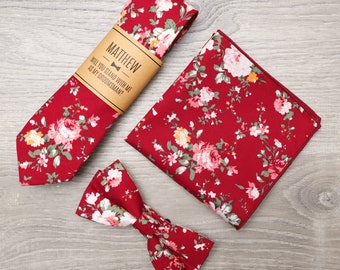 Matching Burgundy Floral Tie, Bowtie, Pocket Square Set | Red Groom and Groomsmen Accessories, Personalized Groomsmen Gift, Wedding Tie Set