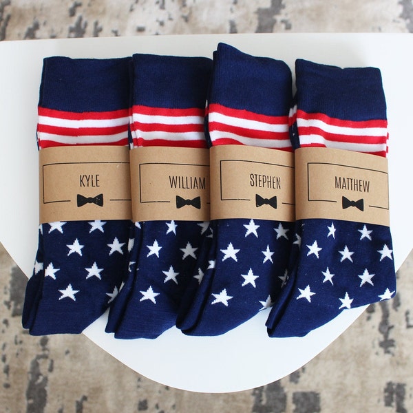 Personalized Groomsmen Socks | USA American Flag Wedding Socks - Men's Size 7-12 | Custom Sock Labels