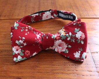 Burgundy Floral Bow Tie + Gift Box | Men's Cotton Self-Tie Flower Pattern Bowtie - Wedding Bow Tie, Groomsmen Bow Tie, Groom Bow Tie