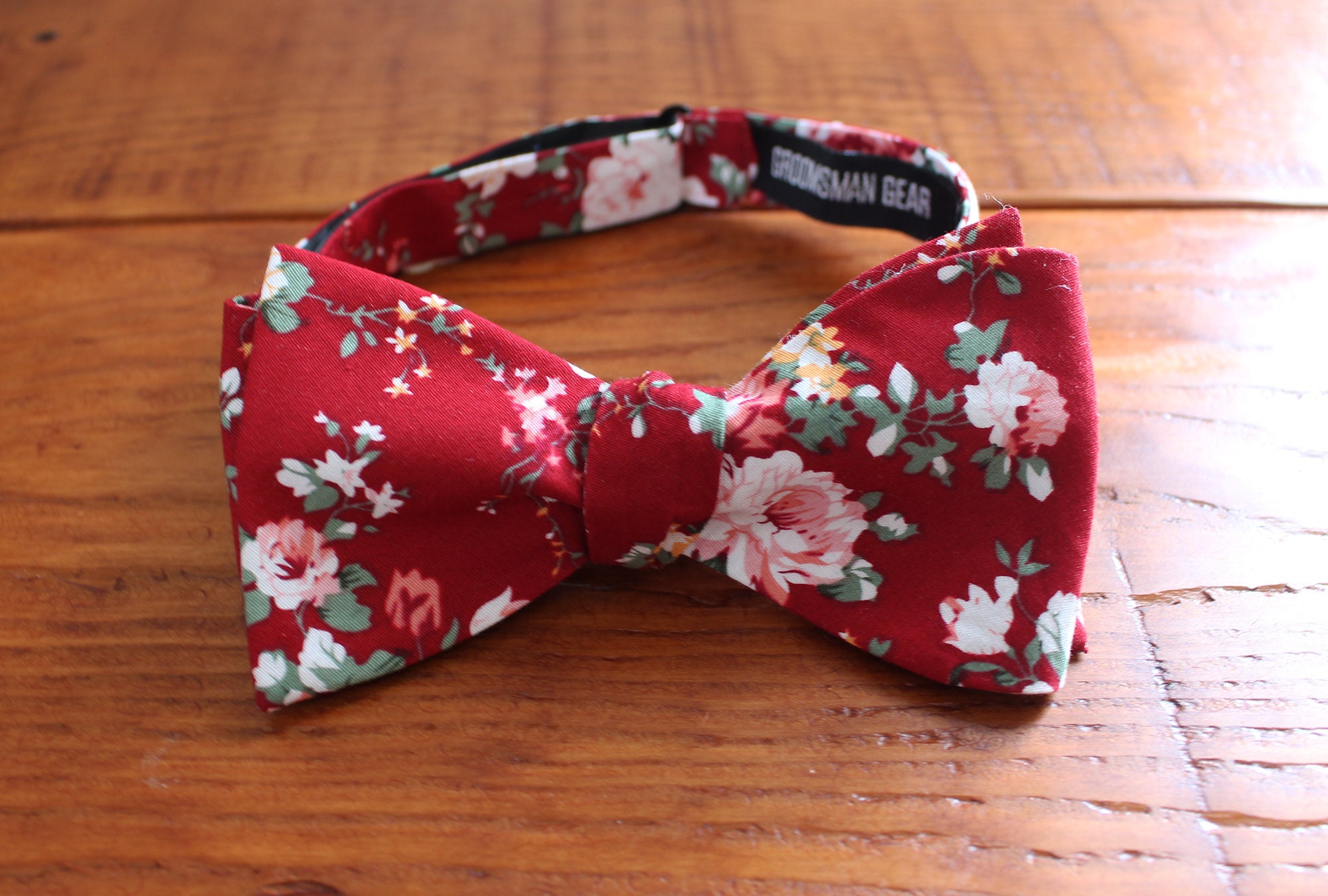 Burgundy Floral Cotton Bow Tie: Men's Wedding Self-Tie