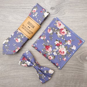Blue Floral Cotton Tie, Bowtie & Pocket Square Set: Personalized Groomsmen Gift
