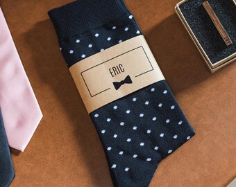 Black Polka Dot Groomsmen Socks with Personalized Labels | Groomsmen Gift Socks, Groomsmen Proposal, Black Mens Wedding Socks, Groom Socks
