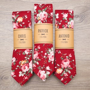 Burgundy Floral Groomsmen Ties with Personalized Label | 2.25" Red Floral Skinny Wedding Tie for Groom & Groomsmen, Groomsmen Gift Ties