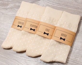 Champagne Personalized Groomsmen Socks | Light Beige Polka Dot Wedding Socks with Custom Label, Men's Size 7-12, Groomsmen Gift Socks