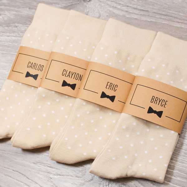 Champagne Personalized Groomsmen Socks | Light Beige Polka Dot Wedding Socks with Custom Label, Men's Size 7-12, Groomsmen Gift Socks