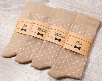 Latte Brown Personalized Groomsmen Socks | Light Brown Polka Dot Wedding Socks with Custom Label, Men's Size 7-12, Groomsmen Gift Socks