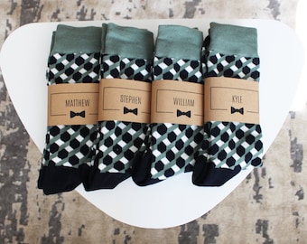 Personalized Groomsmen Socks | Green Funky Wedding Socks - Men's Size 7-12 | Custom Sock Labels