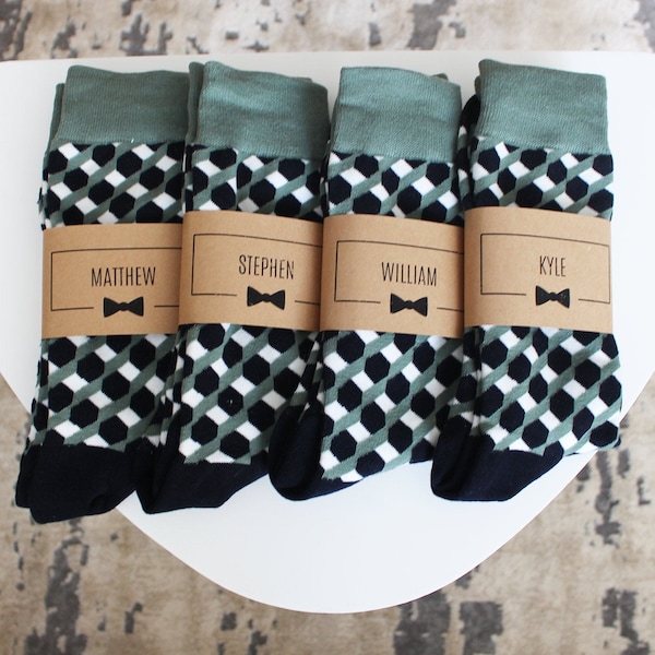 Personalized Groomsmen Socks | Green Funky Wedding Socks - Men's Size 7-12 | Custom Sock Labels