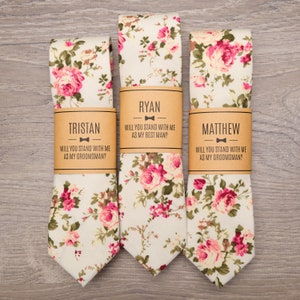 Cream Floral Groomsmen Ties with Personalized Label | 2.25" Off White Floral Skinny Wedding Tie for Groom & Groomsmen, Groomsmen Gift Ties