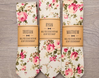 Cream Floral Groomsmen Ties with Personalized Label | 2.25" Off White Floral Skinny Wedding Tie for Groom & Groomsmen, Groomsmen Gift Ties