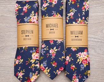 Navy Floral Groomsmen Ties with Personalized Label | 2.25" Navy Blue Floral Skinny Wedding Tie for Groom & Groomsmen, Groomsmen Gift Ties