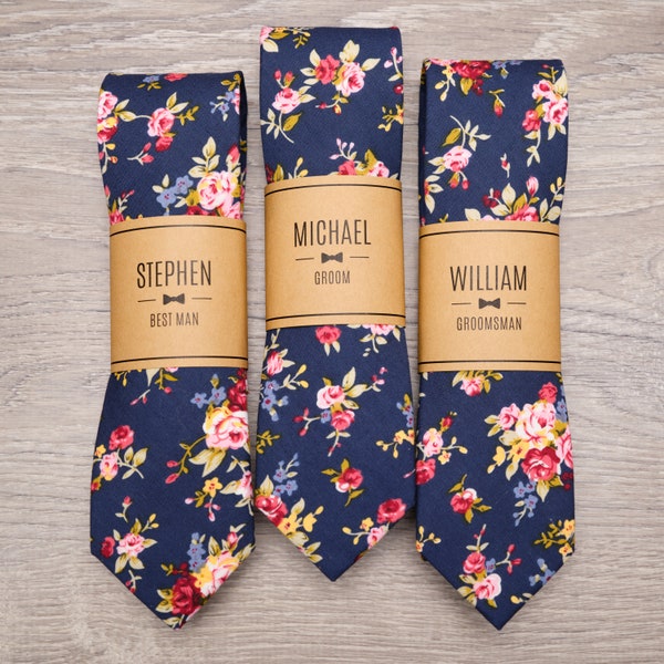 Navy Floral Groomsmen Ties with Personalized Label | 2.25" Navy Blue Floral Skinny Wedding Tie for Groom & Groomsmen, Groomsmen Gift Ties