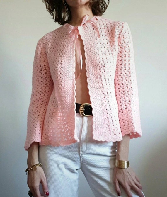 Vintage openwork pink peach pastel tie vest waist… - image 4