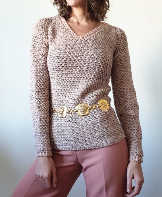 Big vintage knit sweater 70s old pink mottled tigh