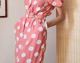 vintage 80s pink polka dot belted viscose midi dress - 36 / S