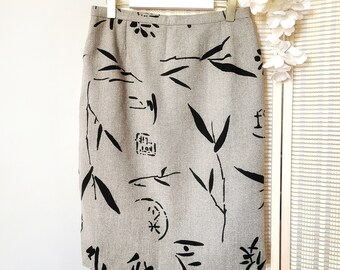 vintage beige and black linen skirt with Asian Japanese print made in France 42 / XL