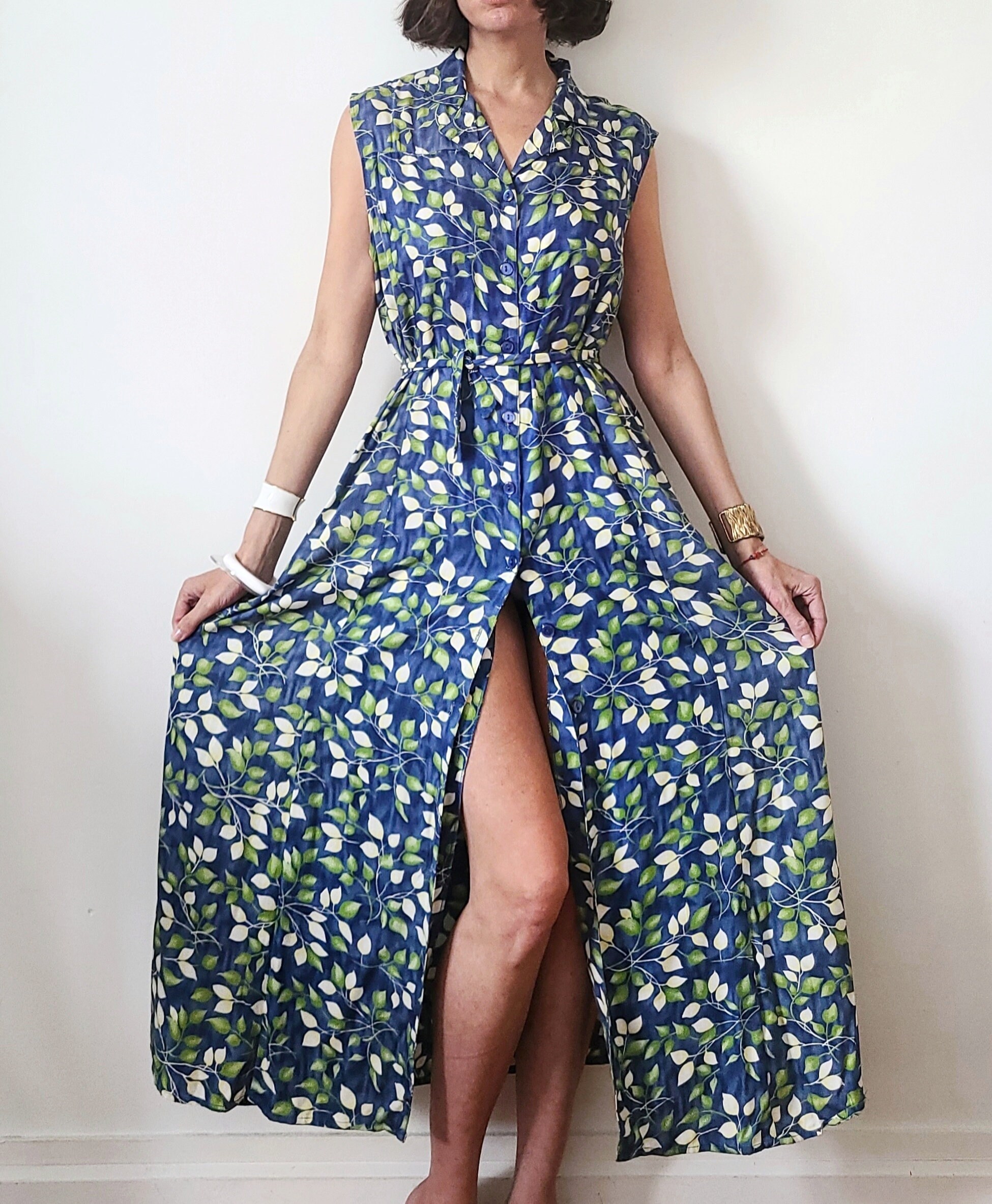 Robe longue vintage 90s à fleurs bleu et vert boutonnée viscose 42