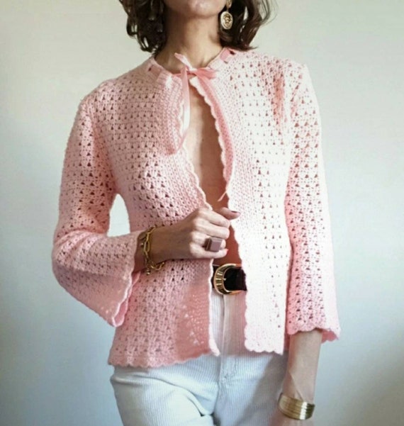 Vintage openwork pink peach pastel tie vest waist… - image 1