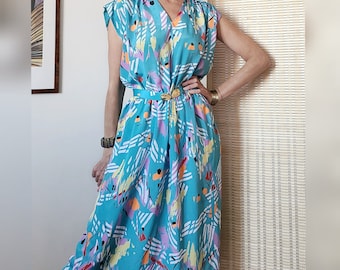 Vintage 80s turquoise blue dress with fluid graphic patterns satin midi belt made in France XXL / 44