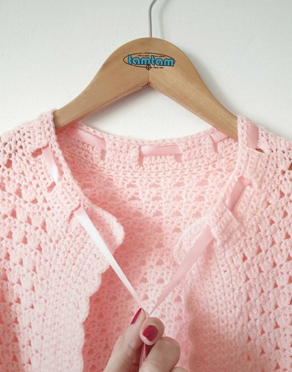 Vintage openwork pink peach pastel tie vest waist… - image 5
