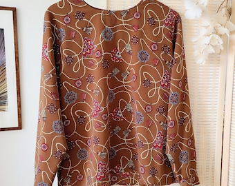 vintage Gérard Pasquier brown blouse patterns scarf blouse top XXL 44