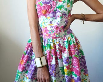 Vintage 80s floral midi dress retro cotton summer dress made in France 36/38-S/M