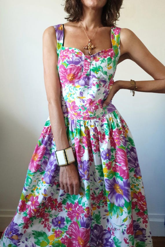 Vintage 80s Floral Midi Dress Retro Cotton Summer Dress Made in France  36/38-S/M - Etsy Israel