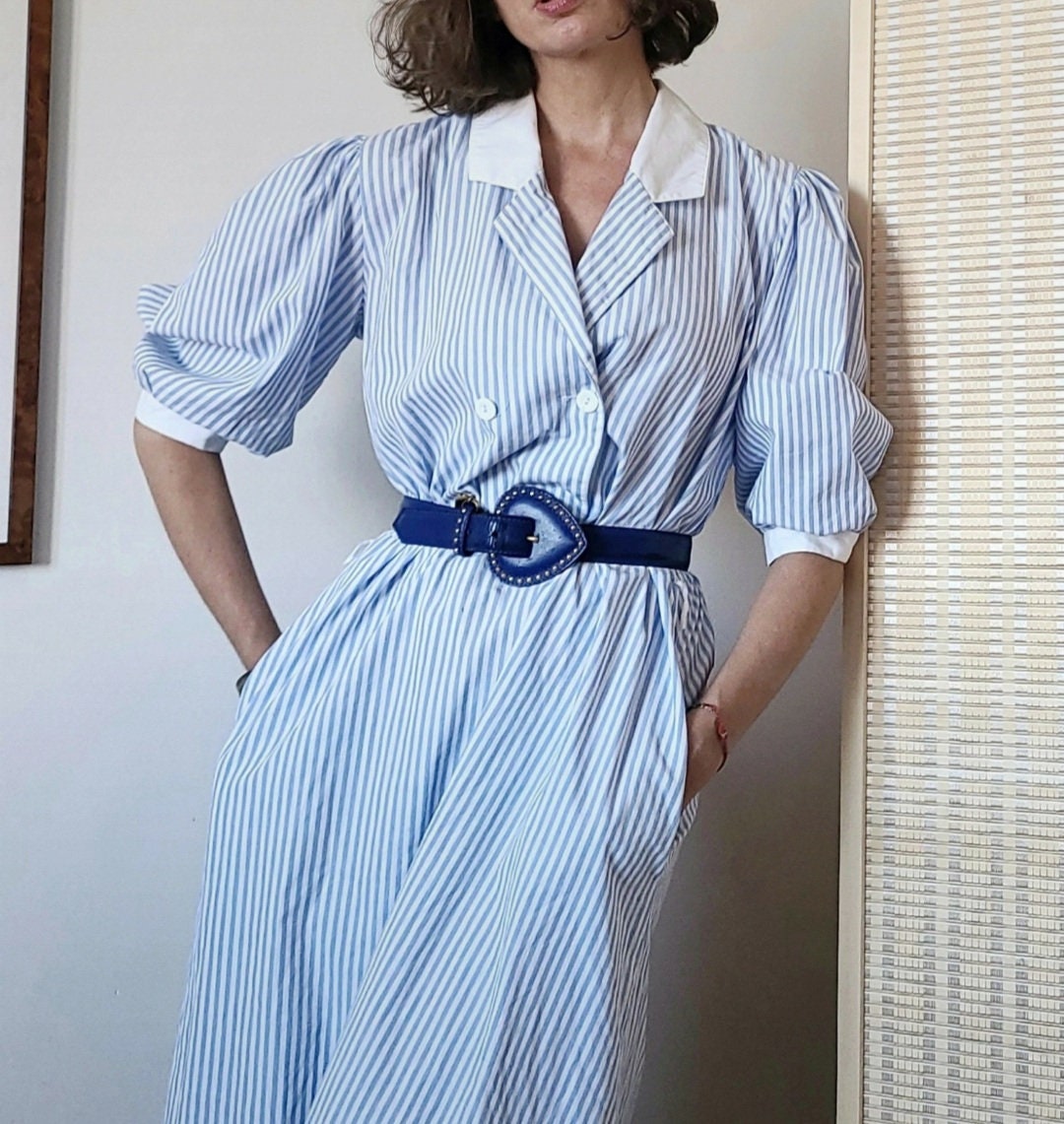 Vintage 80s dress blue and white striped balloon sleeves romantic cottagecore XL / 42