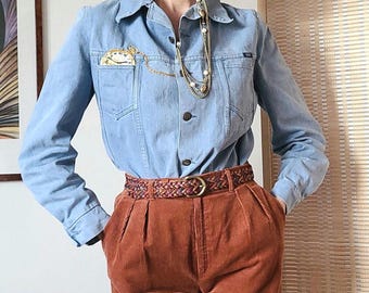 Vintage 70s denim jacket embroidered pocket watch trompe l&#39;oeil S/M-36/38