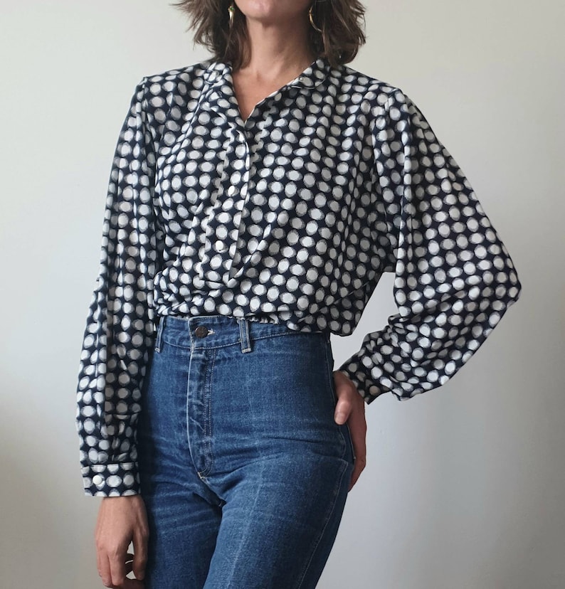 Vintage blouse 80s navy blue and white polka collar mao puffy shoulders polka dots navy blue blouse L40