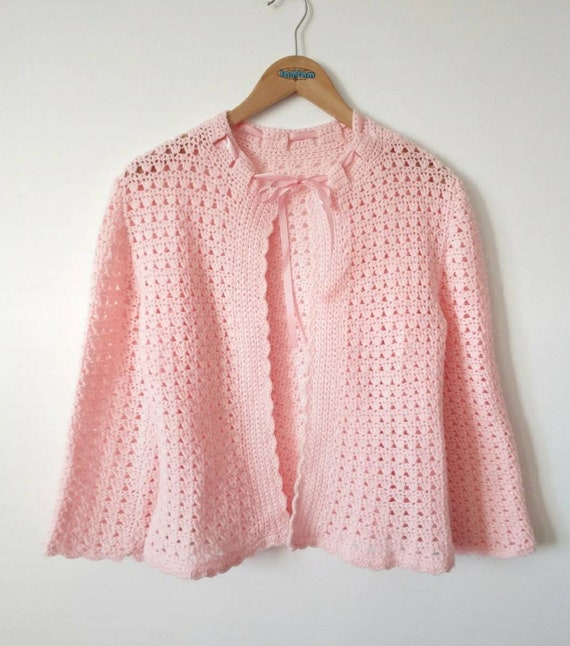 Vintage openwork pink peach pastel tie vest waist… - image 2