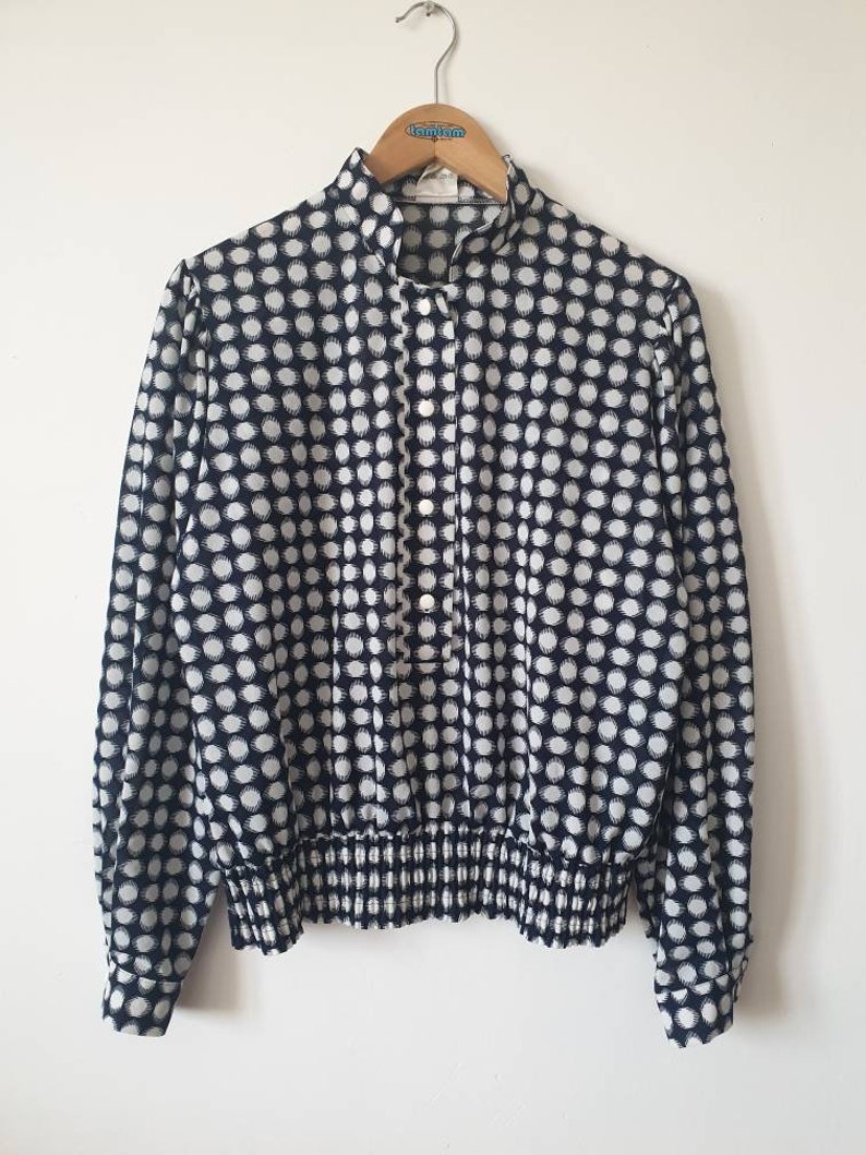 Vintage blouse 80s navy blue and white polka collar mao puffy shoulders polka dots navy blue blouse L40