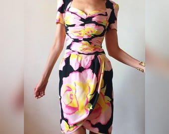 ESCADA vintage 80s cocktail dress in silk floral print short ceremony couture XS / 34