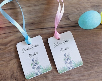 Etiquetas de regalo de Pascua con forma de conejito, tarjeta de lino, etiqueta para cesta de Pascua
