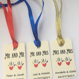 Boda arcoíris, boda LGBT, Sr. y Sr., Sra. y Sra., etiquetas de regalo de boda, matrimonio gay, boda lésbica
