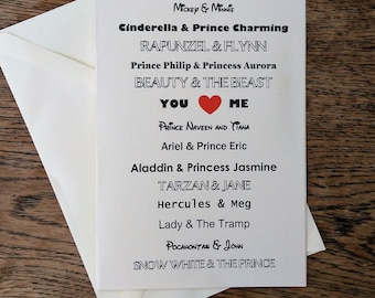Personalised Disney Card or Print - Birthday, Valentines, Wedding or anniversary.
