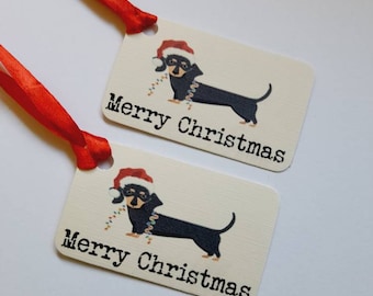 Christmas sausage dog tags, sausage dog, Christmas present tags, gift labels, dog labels, dachshund Christmas tags, gifts for pets