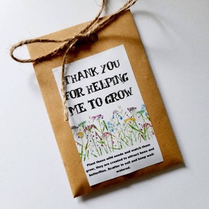 May include: A brown paper envelope with a twine bow and a white label that says "Thank you for helping me to grow." The label has a watercolor illustration of wildflowers and the text "Plant these wild seeds and watch them grow, they are created to attract bees and butterflies. Scatter in soil and keep well-watered."
