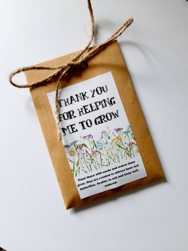 May include: A brown paper envelope with a twine bow and a white label that says "Thank you for helping me to grow." The label has a watercolor illustration of wildflowers and the text "Plant these wild seeds and watch them grow, they are created to attract bees and butterflies. Scatter in soil and keep well-watered."