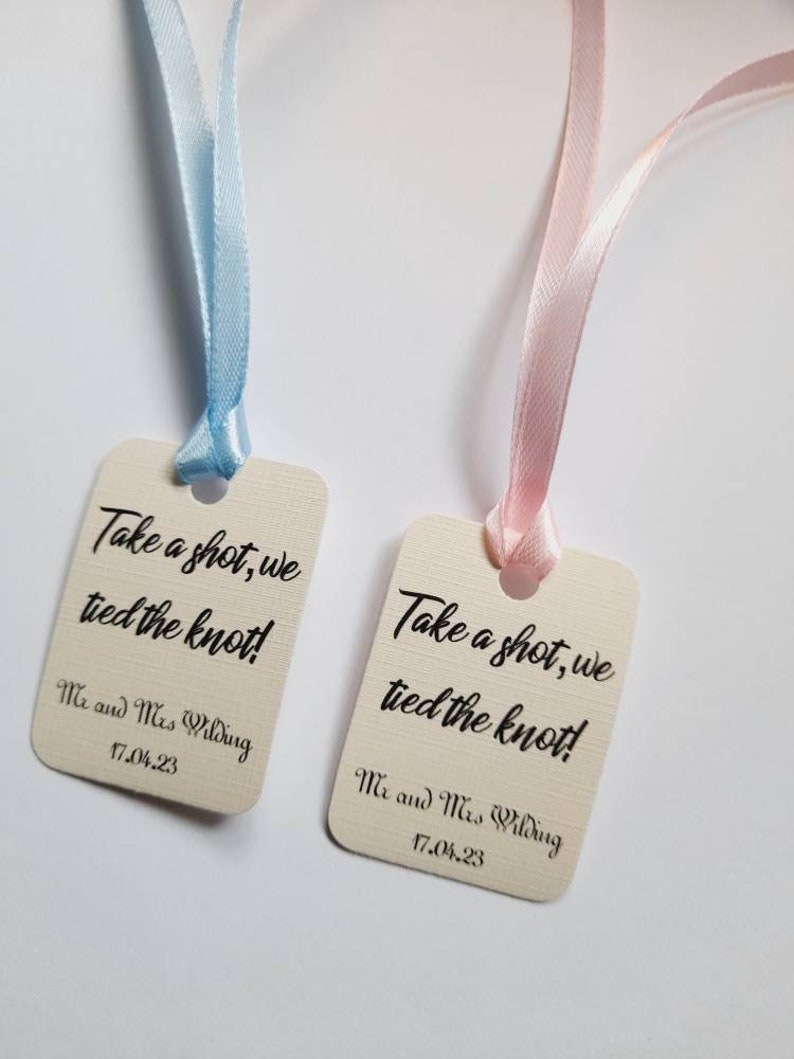 Personalized Wedding Shot Tags, Ivory Linen, Minimalist, Shot Token ...