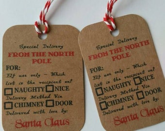 Christmas tags, Christmas gift labels, North pole delivery labels, Elf delivery, North pole delivery, Christmas present tags.