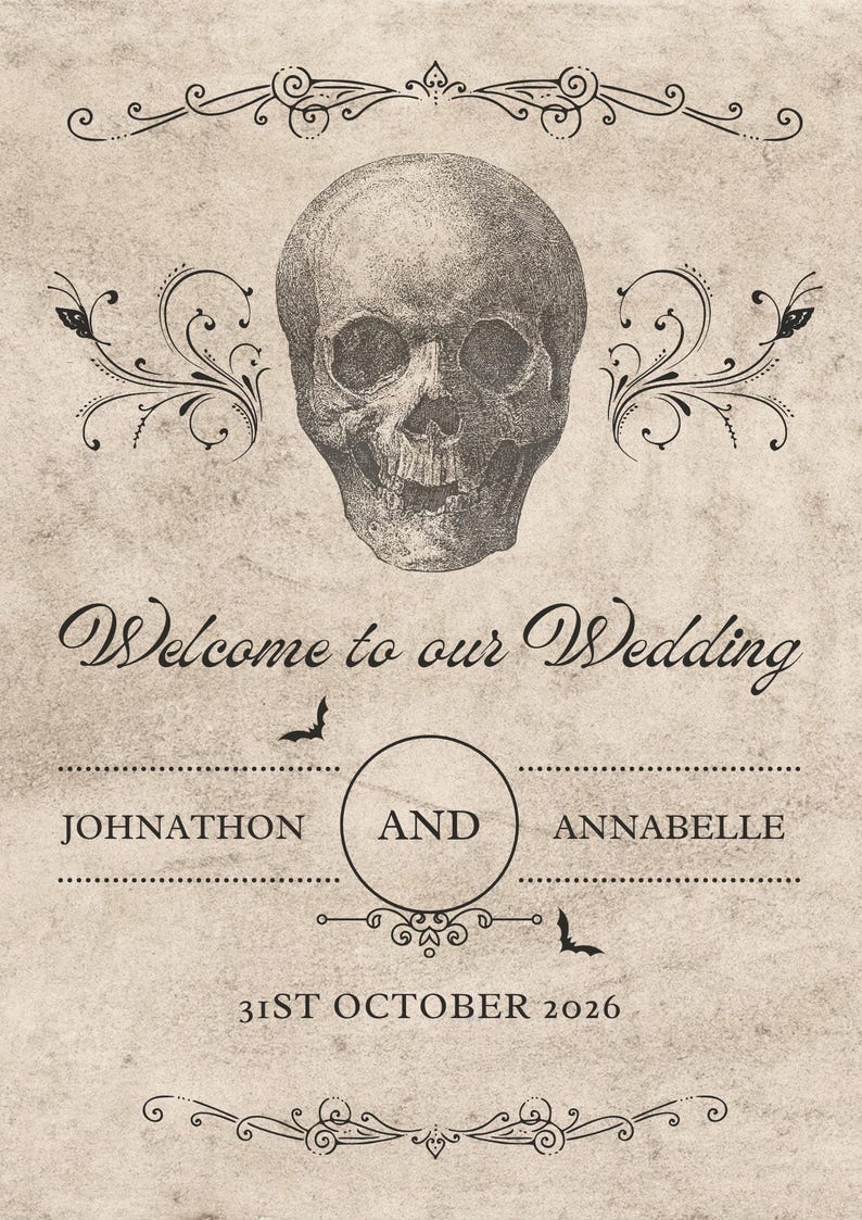 posted-to-you-a3-wedding-sign-225gsm-white-card-welcome-skulls
